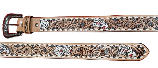 WESTERN 1 1/2" TOOLED POKER CARDS AND DICE BELT - TAN