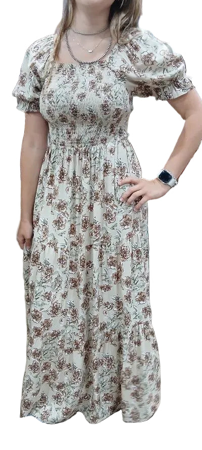 BROWN FLORAL PUFF SLEEVE SMOCKED MAXI DRESS