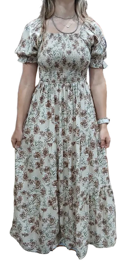 BROWN FLORAL PUFF SLEEVE SMOCKED MAXI DRESS