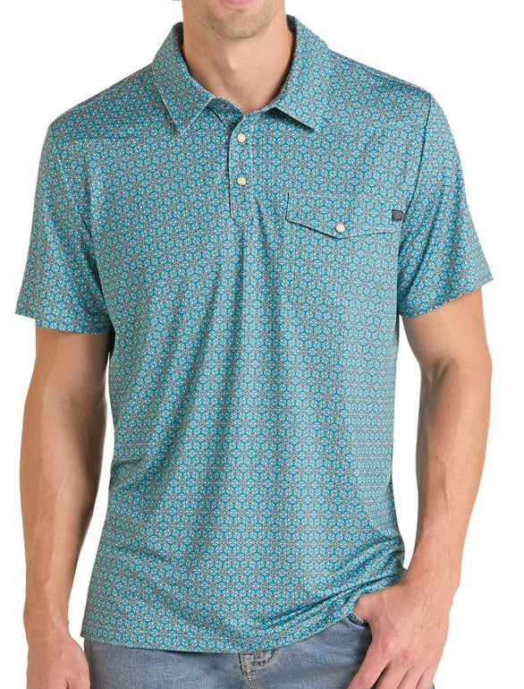 ROCK AND ROLL MEN'S TURQUOISE MEDALLION WESTERN POLO