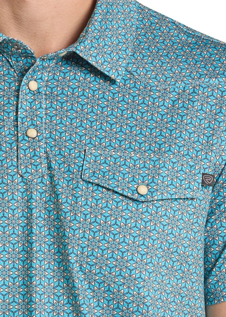 ROCK AND ROLL MEN'S TURQUOISE MEDALLION WESTERN POLO
