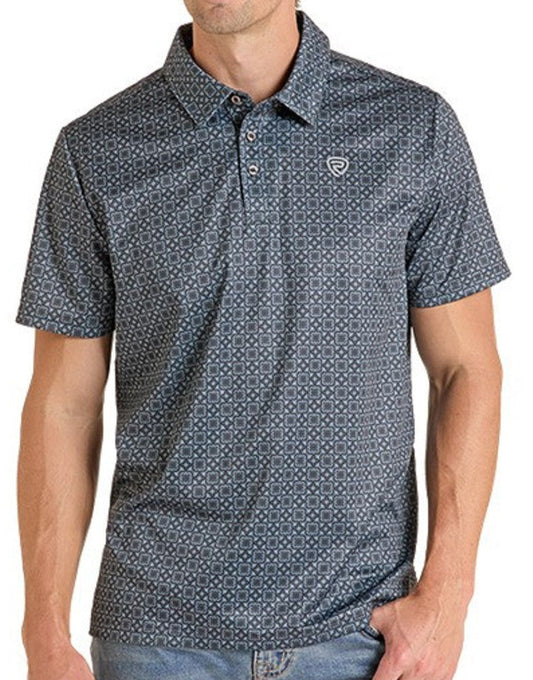 ROCK AND ROLL MEN'S BLACK MEDALLION PRINT POLO