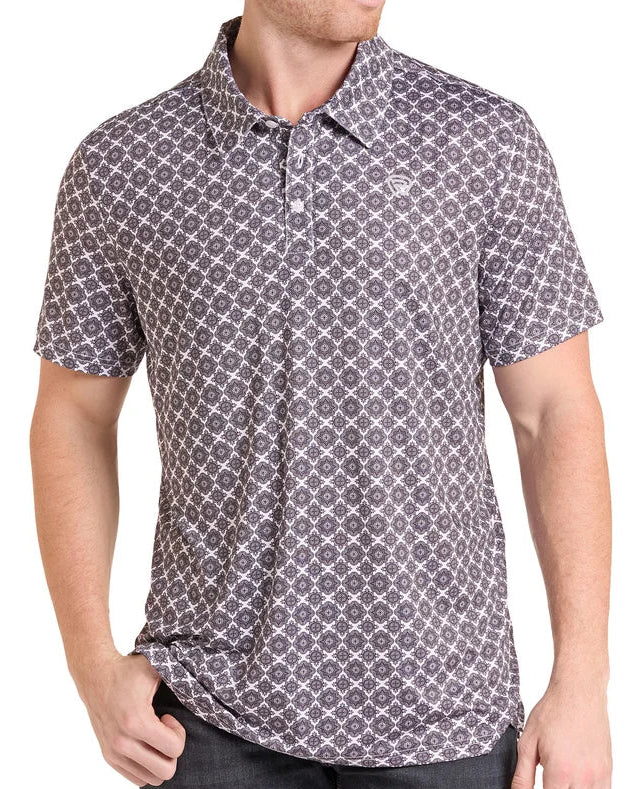 ROCK AND ROLL MEN'S WHITE MEDALLION PRINT LIGHT POLO