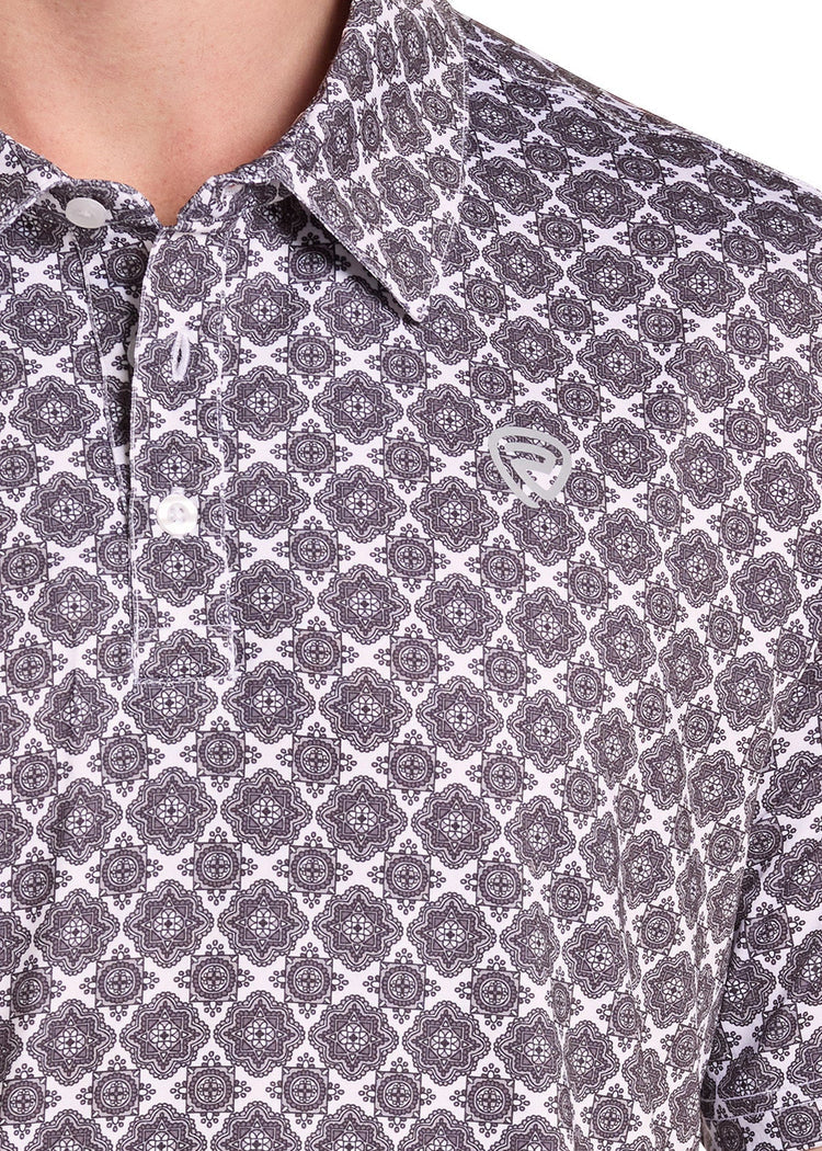 ROCK AND ROLL MEN'S WHITE MEDALLION PRINT LIGHT POLO