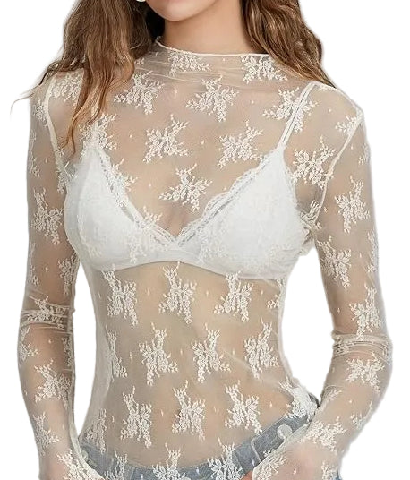 SHEER LACE MOCK NECK MESH TOP