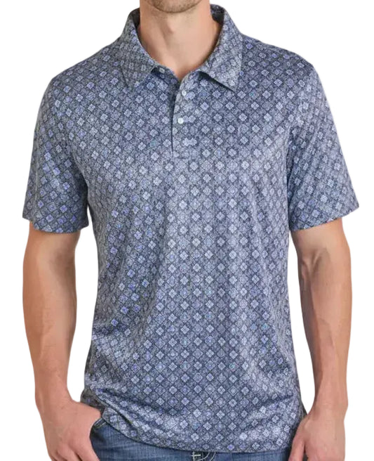 ROCK AND ROLL MEN'S NAVY MEDALLION PRINT POLO