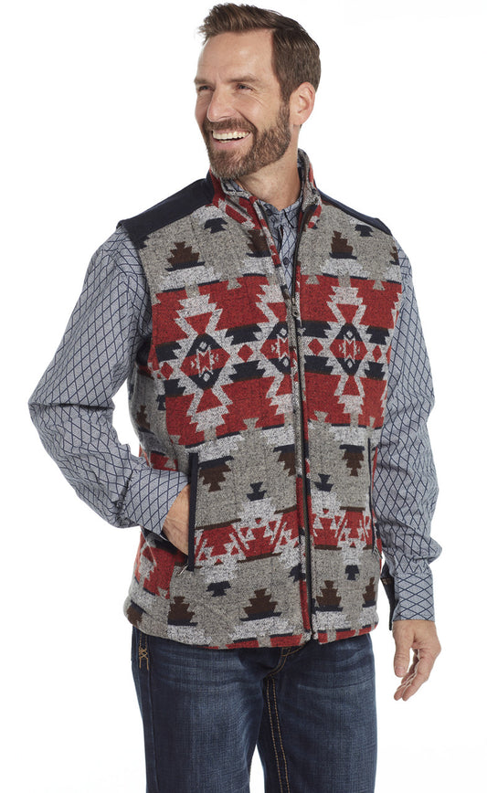 CRIPPLE CREEK MEN'S ZIP FRONT NAVAJO BLANKET VEST W/ SOLID WOOL MELTON TRIM ACCENTS