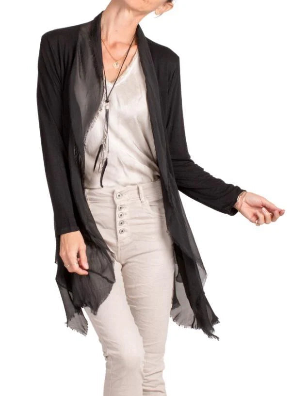 SILK VISCOSE RAW EDGE CARDIGAN IN BLACK