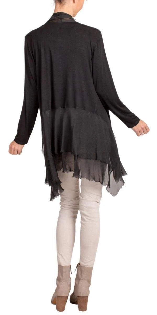 SILK VISCOSE RAW EDGE CARDIGAN IN BLACK