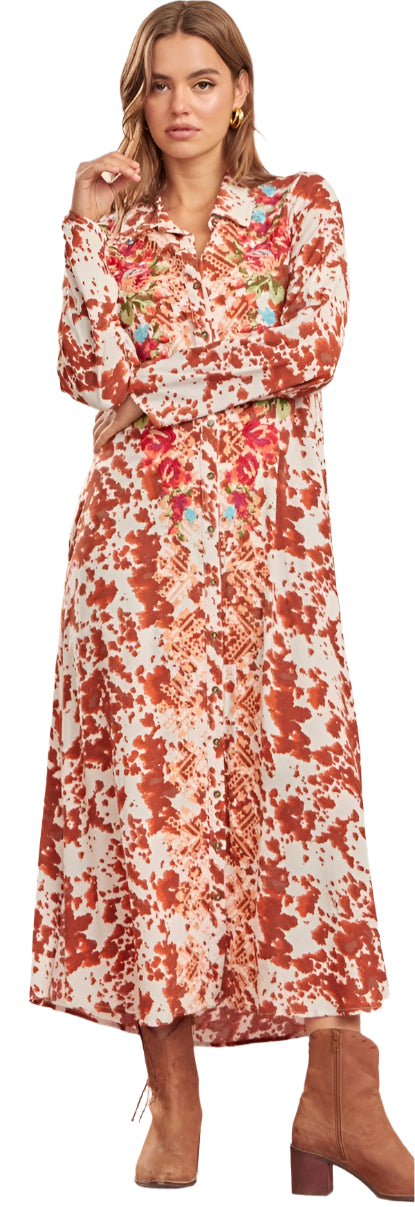 EMBROIDERED FLORAL BUTTON DOWN MAXI DRESS