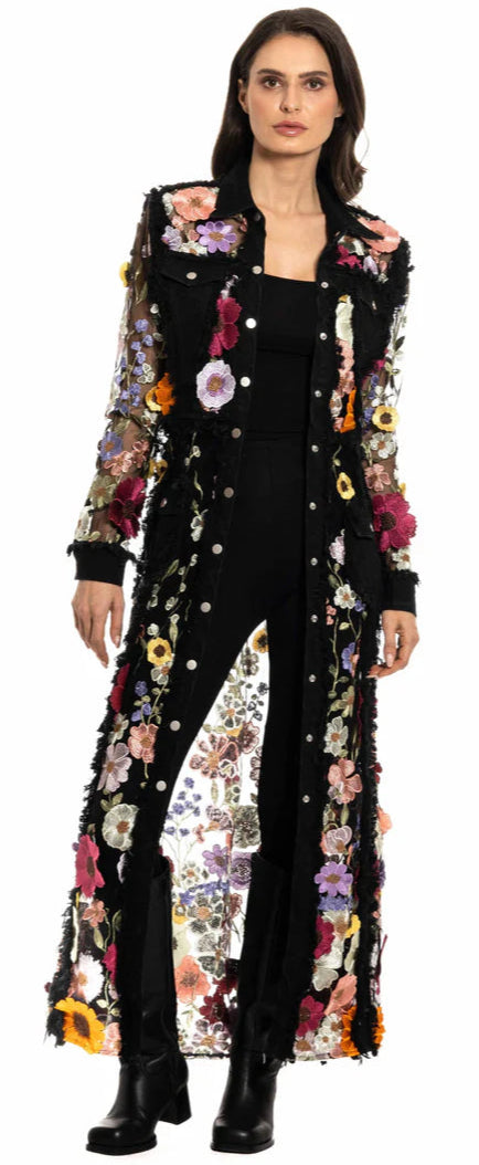 ADORE LONG BLACK DENIM DUSTER JACKET WITH 3D FLORAL EMBROIDERY