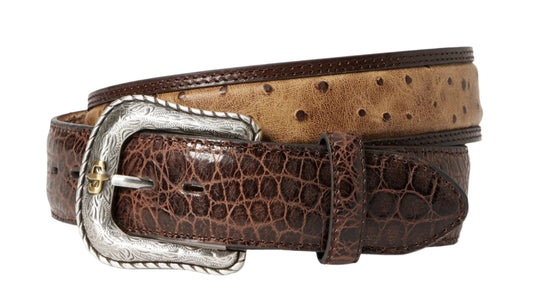 MEN'S STETSON OSTRICH PRINT CROC EMBOSSED WESTERN TAB BELT