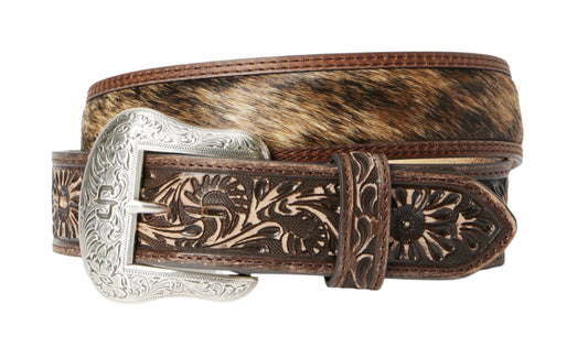 MEN'S STETSON TOOLED LEATHER TAB HAIR ON HIDE VINTAGE BROWN BELT