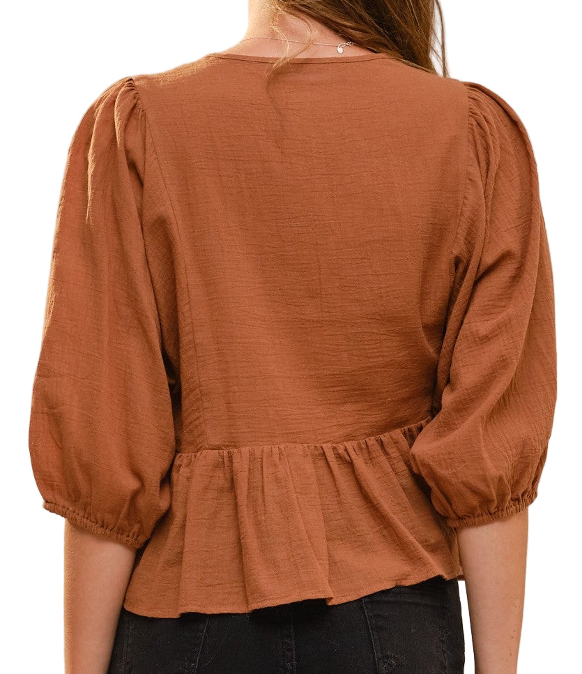 3/4 PUFF SLEEVE EMBROIDERED PEPLUM BLOUSE