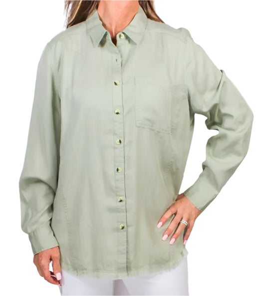 LADIES 1 POCKET FRAYED HEM TENCIL SHIRT in OLIVE