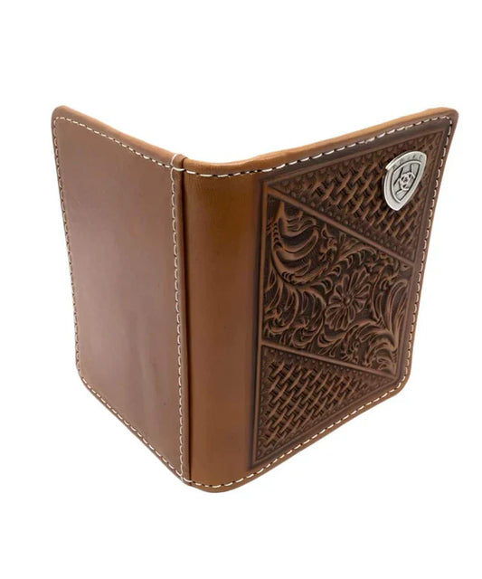 ARIAT MEN'S BASKET WEAVE FLORAL SHIELD BIFOLD WALLET