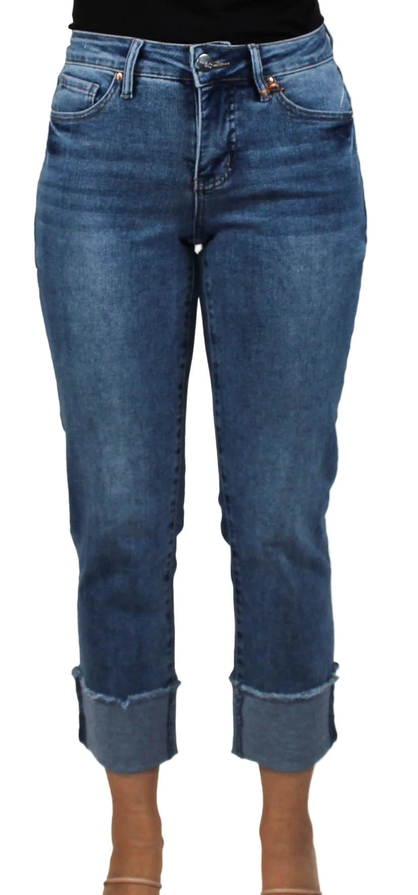 LADIES' MEDIUM WASH MEGA CUFF STRAIGHT LEG JEANS