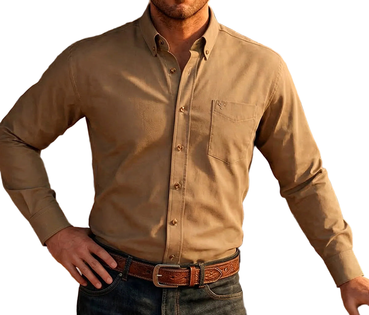 RODEO CLOTHING MEN'S SOLID COTTON TWILL BUTTON-DOWN SHIRT in KHAKI
