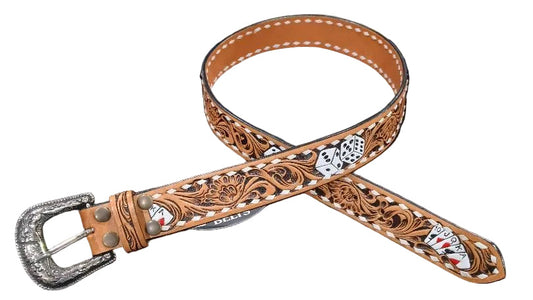 WESTERN 1 1/2" TOOLED POKER CARDS AND DICE BELT - TAN