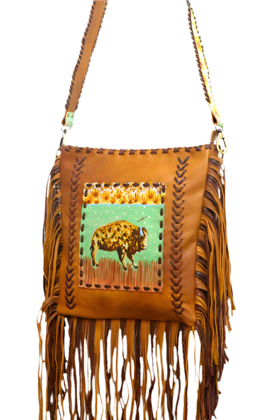 AMERICAN DARLING CONCEALED CARRY LEATHER PAINTED PURSE WITH FRINGE