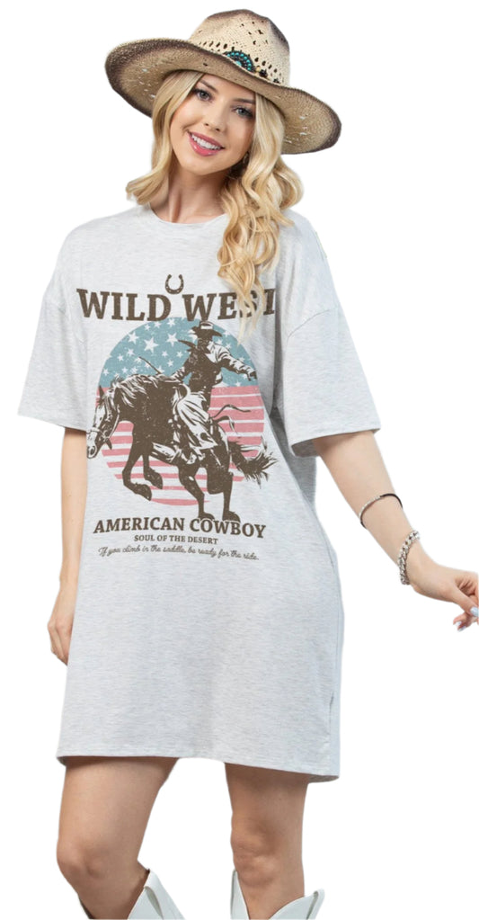 LADIES WILD WEST AMERICAN COWBOY GRAPHIC T-SHIRT DRESS