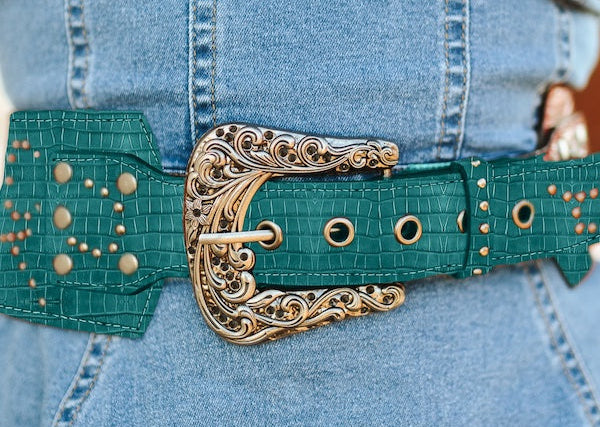 JADE GATOR LEATHER STUDDED WIDE CONCHO BELT