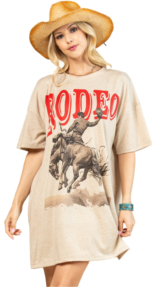 LADIES WESTERN RODEO GRAPHIC T-SHIRT DRESS in CAMEL
