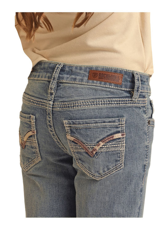ROCK & ROLL GIRL'S COWHIDE EMBROIDERY MID RISE BOOTCUT JEANS - MEDIUM VINTAGE
