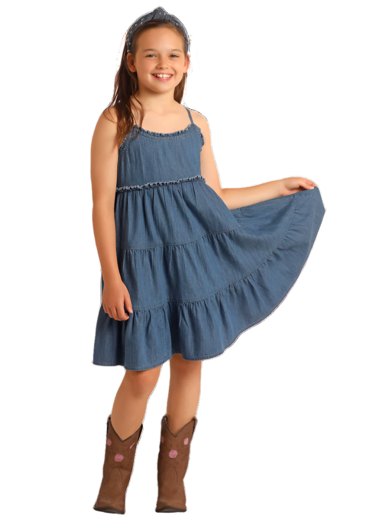 GIRL'S ROCK AND ROLL SPAGHETTI STRAP TIERED DENIM DRESS