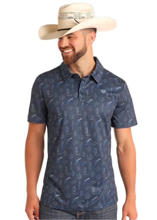 ROCK & ROLL MEN'S COWBOY STITCH PRINTED POLO in NAVY