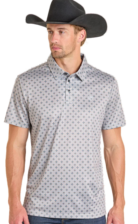 ROCK AND ROLL GREY MEDALLION PRINT POLO