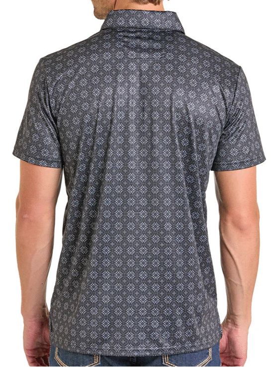 ROCK AND ROLL MEN'S BLACK MEDALLION PRINT POLO