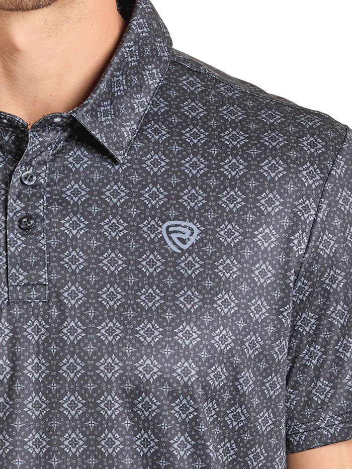 ROCK AND ROLL MEN'S BLACK MEDALLION PRINT POLO