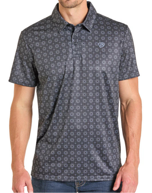 ROCK AND ROLL MEN'S BLACK MEDALLION PRINT POLO
