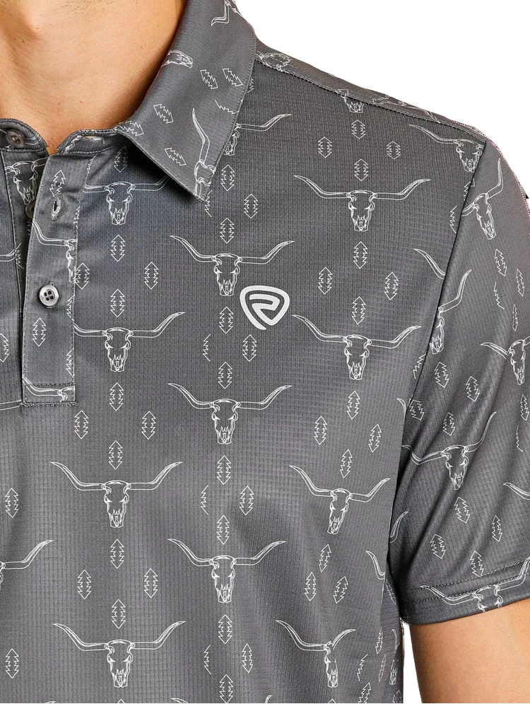 ROCK & ROLL DENIM GREY AZTEC STEER PRINT POLO