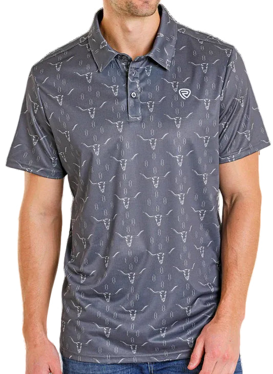 ROCK & ROLL DENIM GREY AZTEC STEER PRINT POLO