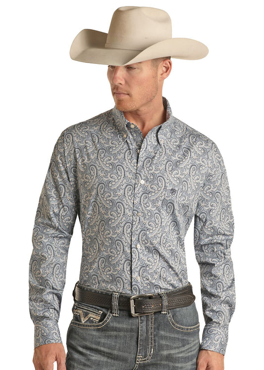 ROCK & ROLL MENS CLASSIC FIT PAISLEY LONG SLEEVE BUTTON SHIRT