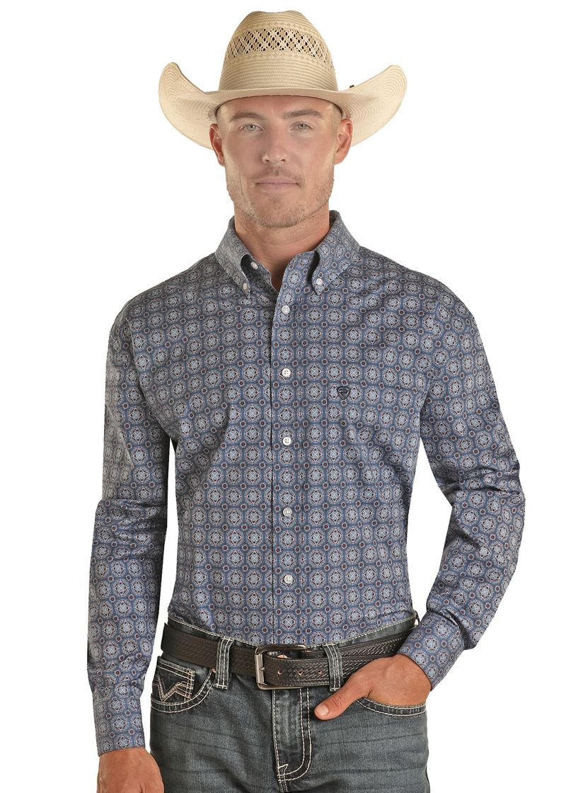 ROCK & ROLL COWBOY MEN'S MEDALLION PATTERN BUTTON DOWN SHIRT