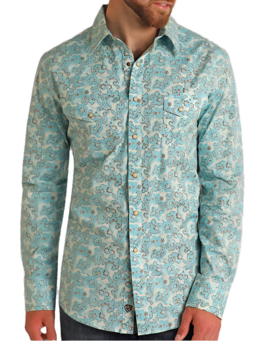 MEN'S ROCK AND ROLL DENIM TURQUOISE PAISLEY BUTTON DOWN SHIRT
