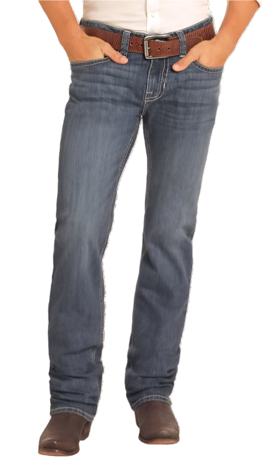 ROCK & ROLL DENIM PISTOL STACKABLE TWO-TONE STITCH BOOTCUT JEANS