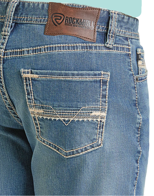 MEN'S ROCK AND ROLL DENIM RELAXED FIT LADDER V STACKABLE BOOTCUT JEANS