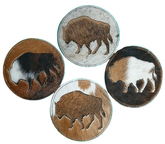 ROUND COWHIDE COASTERS - BISON
