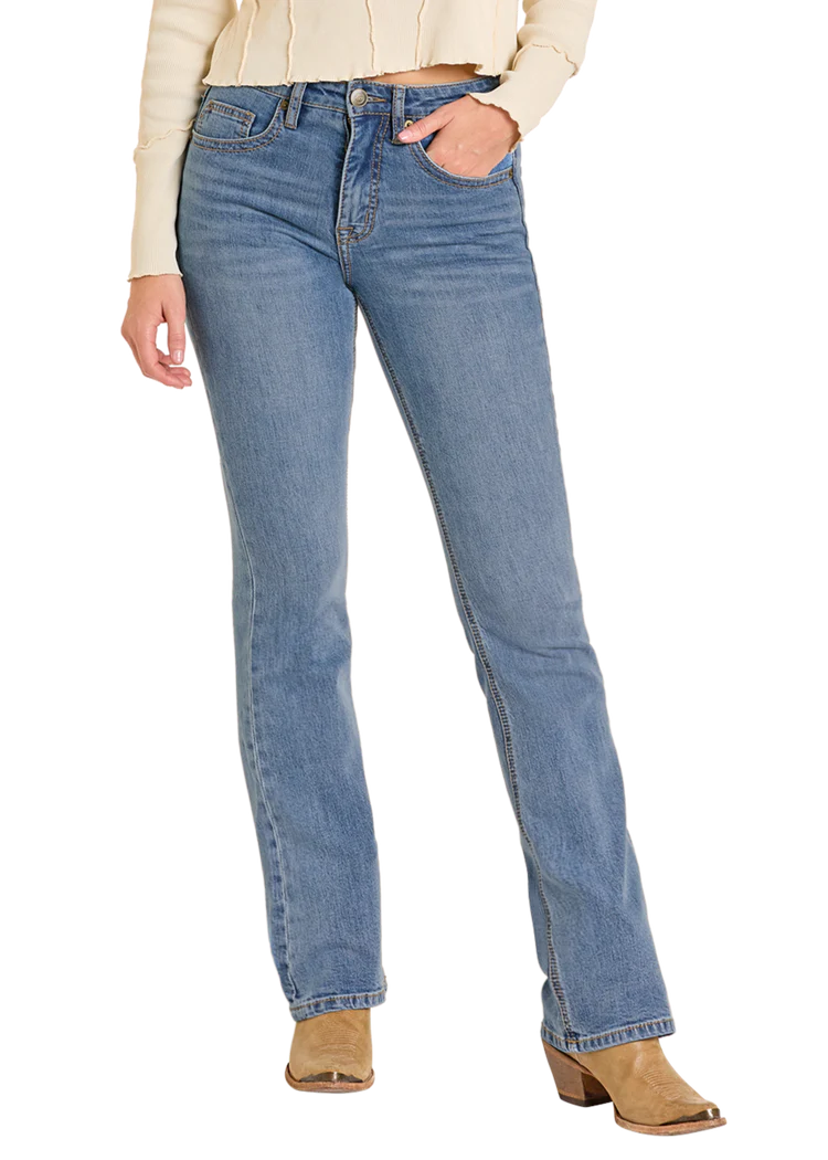 ROCK AND ROLL DENIM LADIES YOKE DETAIL HIGH RISE BOOTCUT JEANS - MEDIUM WASH