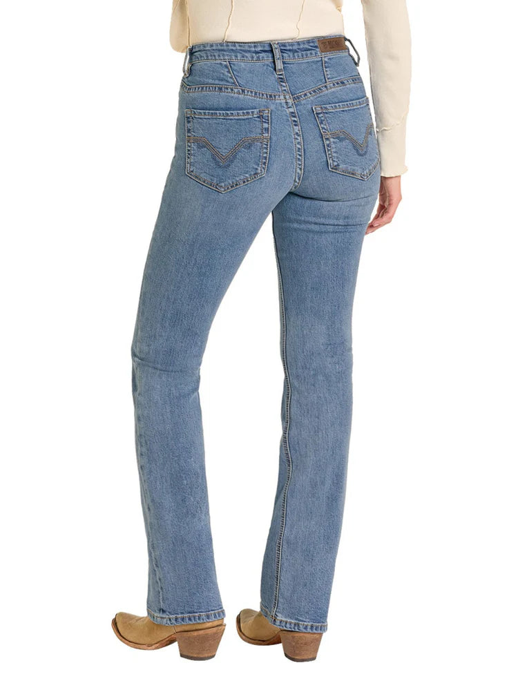 ROCK AND ROLL DENIM LADIES YOKE DETAIL HIGH RISE BOOTCUT JEANS - MEDIUM WASH