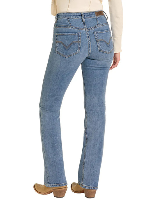 ROCK AND ROLL DENIM LADIES YOKE DETAIL HIGH RISE BOOTCUT JEANS - MEDIUM WASH