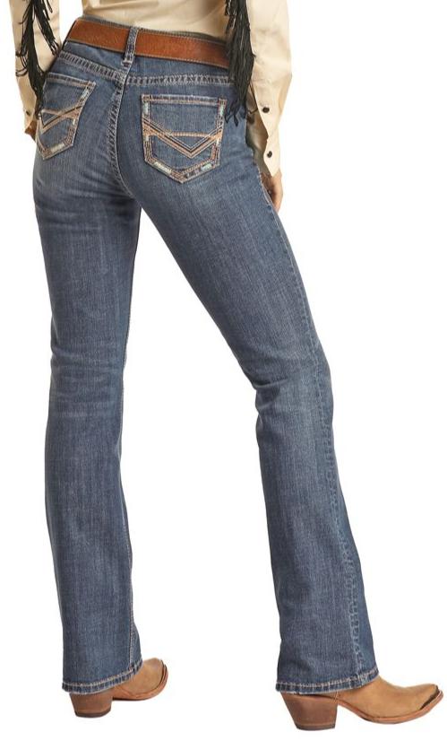 ROCK & ROLL LADIES MEDIUM WASH MID RISE STRETCH RIDING BOOTCUT JEANS