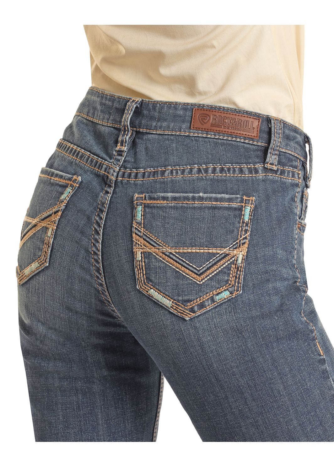 ROCK & ROLL LADIES MEDIUM WASH MID RISE STRETCH RIDING BOOTCUT JEANS