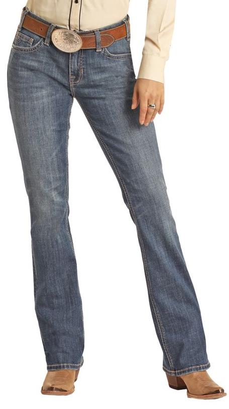 ROCK & ROLL LADIES MEDIUM WASH MID RISE STRETCH RIDING BOOTCUT JEANS