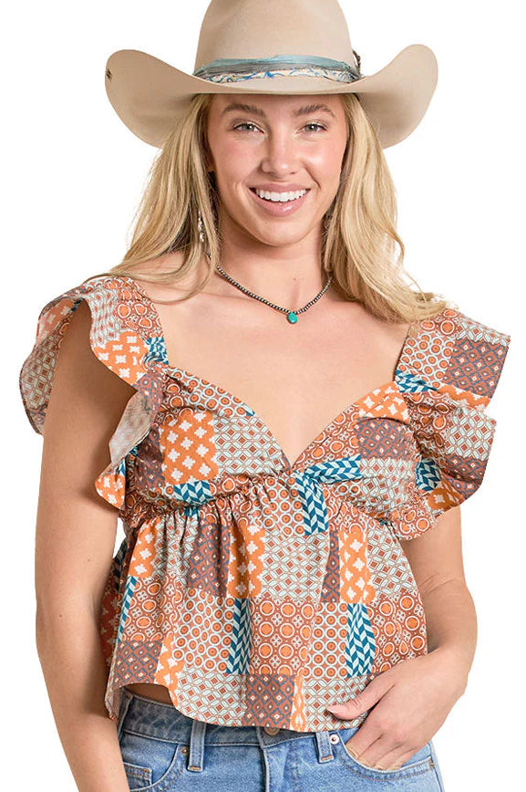 ROCK AND ROLL WOMEN'S PATCH PRINT FLUTTER SLEEVE TANK TOP