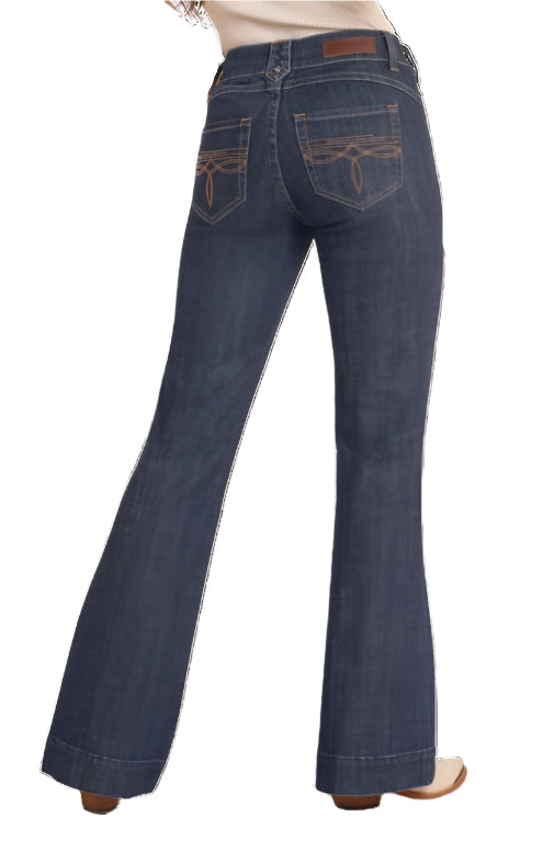 ROCK AND ROLL DENIM LADIES DIAMOND BELT LOOP BOOT STITCH MR TROUSER / DARK WASH